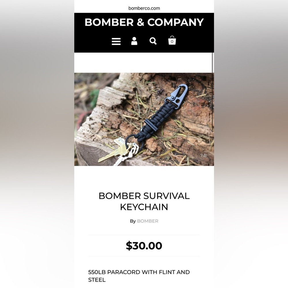 BOMBER SURVIVAL KEYCHAIN 550LB PARACORD WITH FLINT AND STEEL